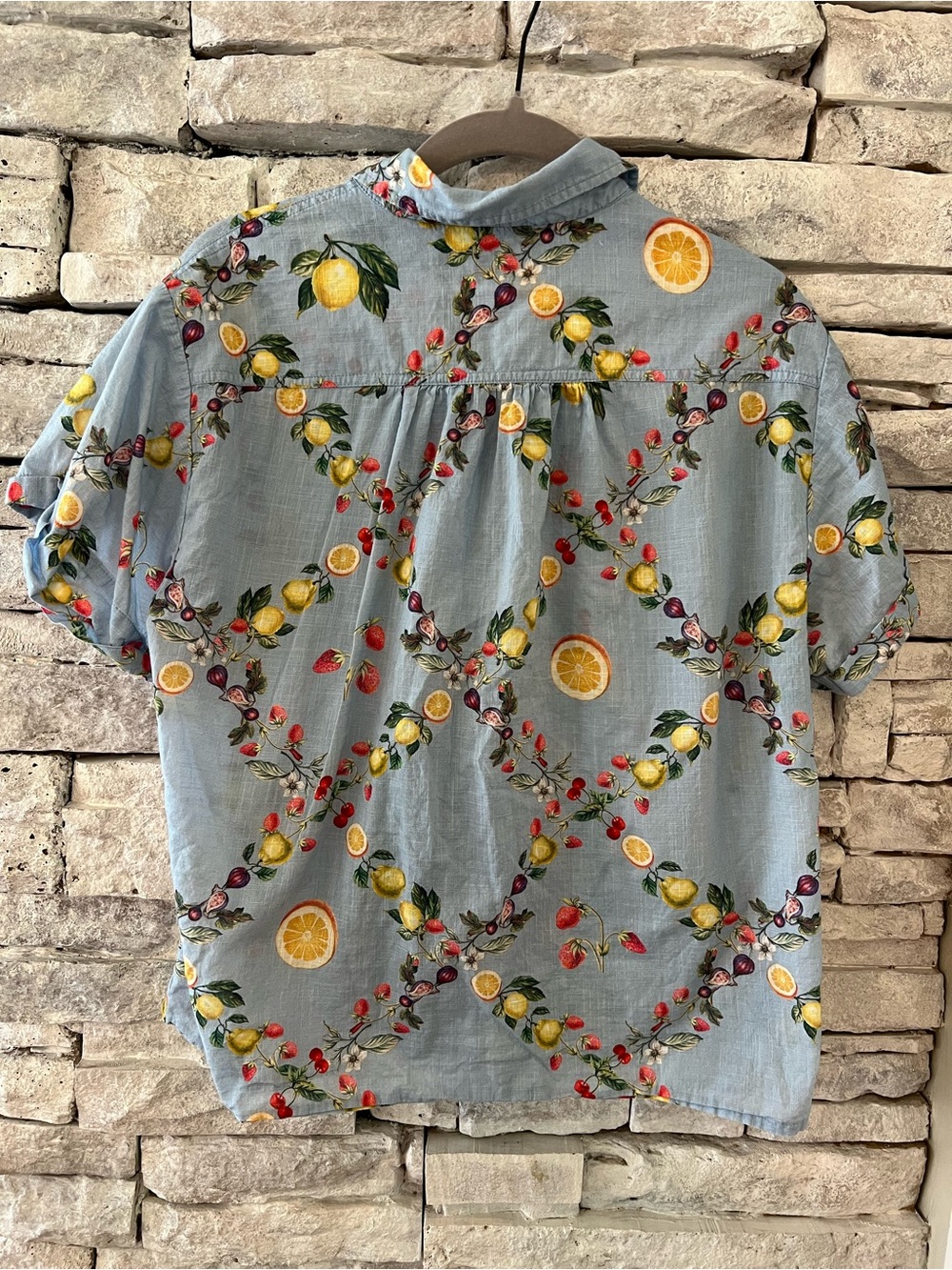 Maeve By Anthropologie 100% Cotton Light Blue Citrus Button-Up Short Sleeve Top - Picture 4 of 6